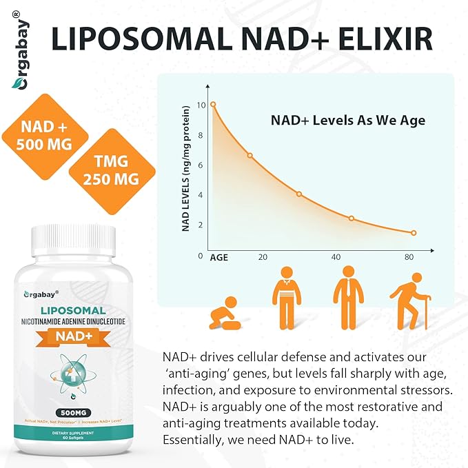 Liposomal NAD+ Supplement 500 mg, High Absorption, Boost NAD+ with TMG 250 mg, Actual NAD Plus More Efficient Than Nicotinamide Riboside, Support Cellular Energy, Healthy Aging | 240 Softgels