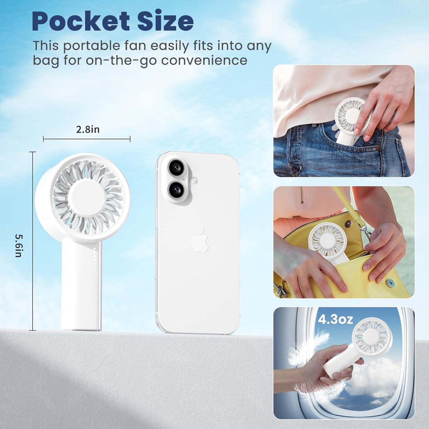 HandFan High Speed Handheld Mini Fan, Small Pocket Design Personal Fans Portable Rechargeable, 5 Gear Turbo Wind, Summer Essentials for Travel/Camping/Concerts/Commuting, Gifts for Men/Women (White)