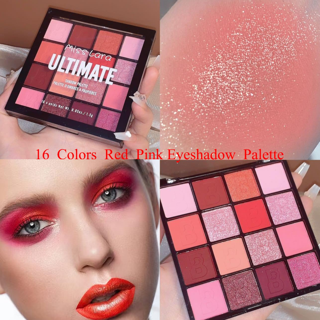 16 Colors Pink Red Matte Glitter Metallic Eye Shadow Palette, Korean Eyeshadow Palette Makeup, Pigmented Red Eyeshadow Kit for Halloween Parties, Joker Vampire Clown Makeup