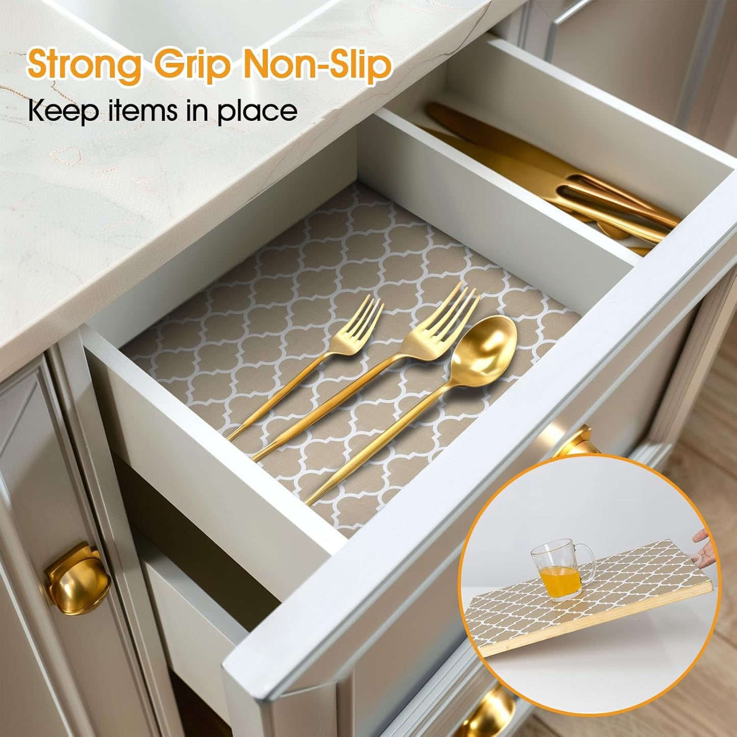 Shelf and Drawer Liner for Kitchen Cabinets Non-Adhesive, Strong Grip Non-Slip Thickened Cabinet Liners for Shelves, Waterproof Mats for Dresser Cupboard, Beige, 12 in x 30 Feet