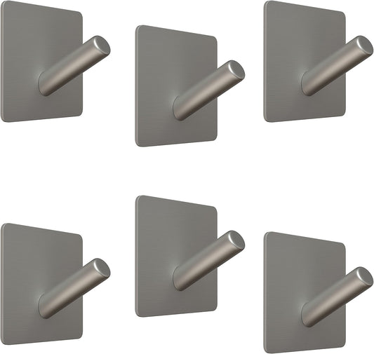 Brushed Nickel Self Adhesive Towel Hooks for Bathroom Wall Door Mounted - SUS304 Stainless Steel Strong Strips Stick on 3M Wall Hooks for Hanging Coat, Hat, Bag, Key, Jacket – 6 Pack