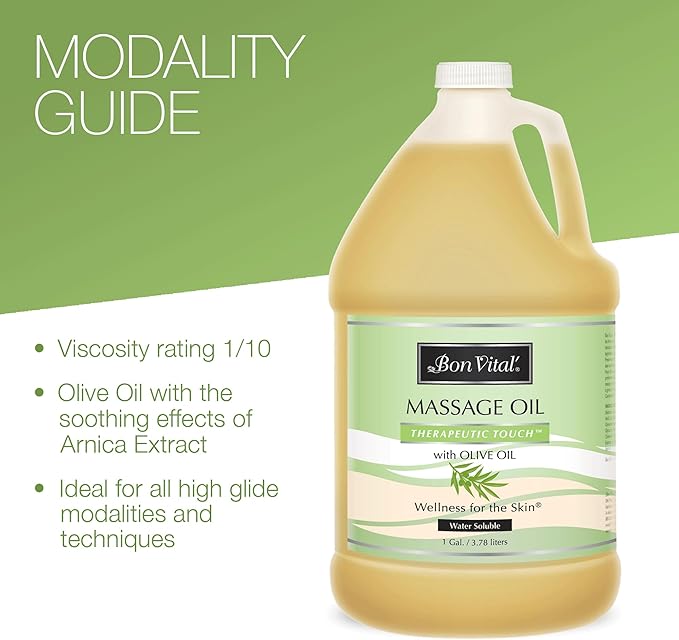 Bon Vital' Therapeutic Touch Massage Oil with Olive Oil to Repair Dry Skin & Soothe Sore Muscles, Lightweight Oil Perfect for Any Massage to Hydrate and Nourish Dry, Rough Skin, 1 Gal, Label may Vary