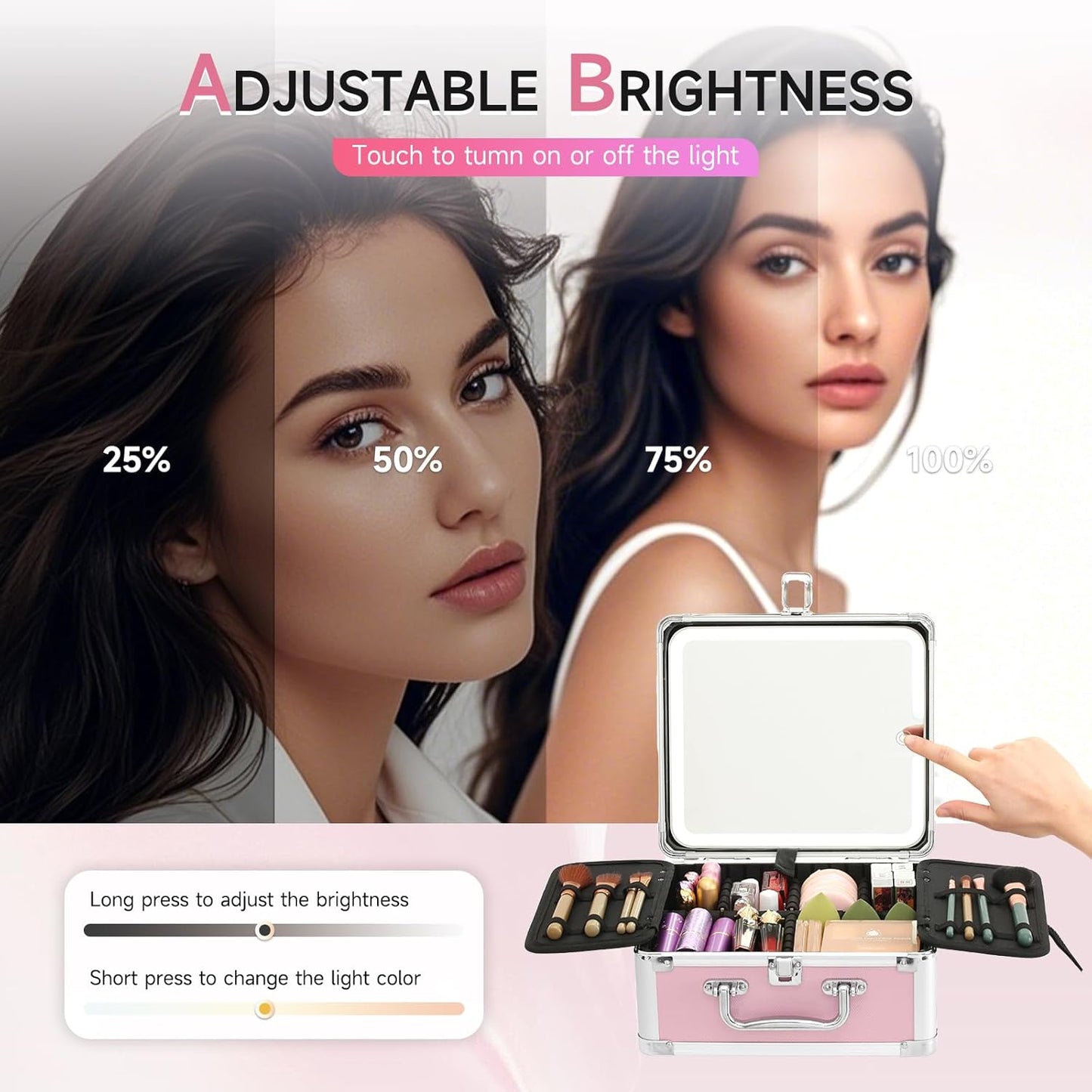 Leeora&Leekoo Makeup Box with Lighted Mirror,Portable Makeup Train Case Organizer (Pink1)