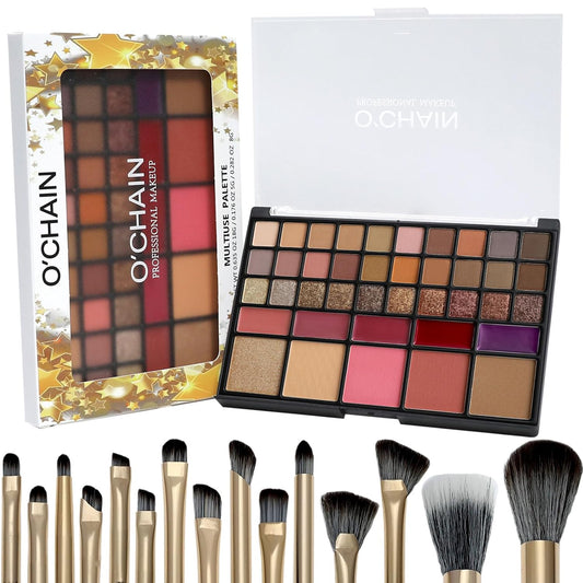 O'CHAIN 40 Colors Makeup Palette Set, with 30 Eye Shadows, 5 Lipsticks, 5 Face and 15 Professional Makeup Brushes, Vegan & Cruelty-Free, for All Skin Tones Beauty Kit