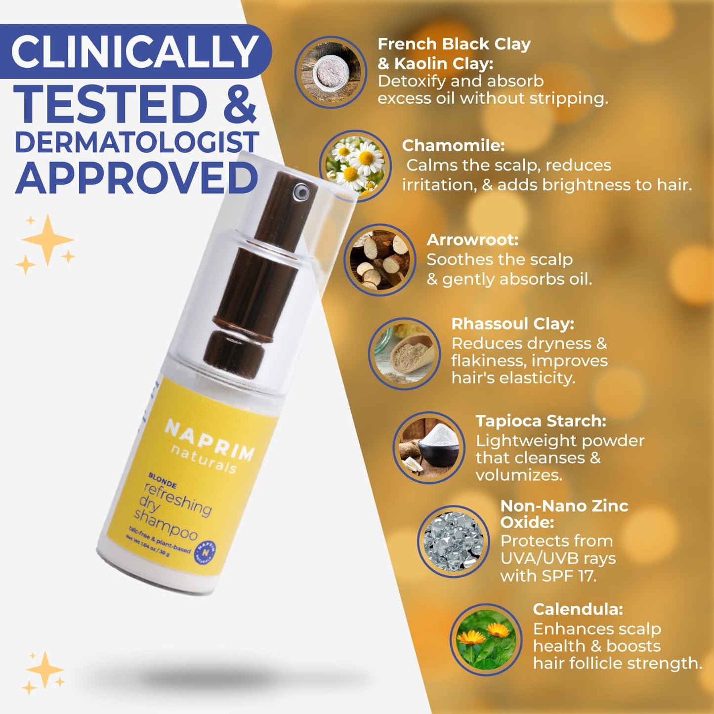 Naprim Naturals Nourishing Dry Shampoo Hair Powder for Blonde - Talc-Free Oil Absorption for Lightweight Volume - No Residue UV Protection Non-Aerosol - Travel-Friendly Hair Care (30g)