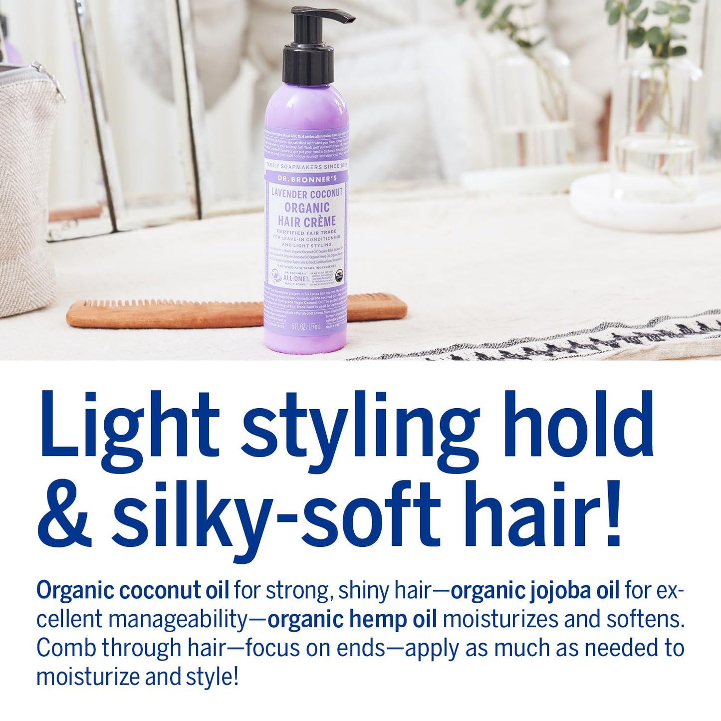 Dr. Bronner's - Organic Hair Crème - Lavender Coconut, Leave-In Conditioner & Styling Cream, Made w/Organic Oils, Hair Cream Supports Shine & Strength, Nourishes Scalp, Non-GMO (6oz, 2-Pack)