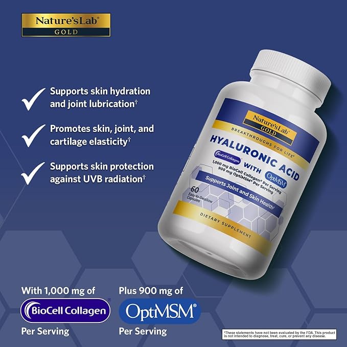 Nature's Lab Hyaluronic Acid with Biocell Collagen and MSM - Skin Hydration, Joint Health - 60 Capsules (20 Day Supply)