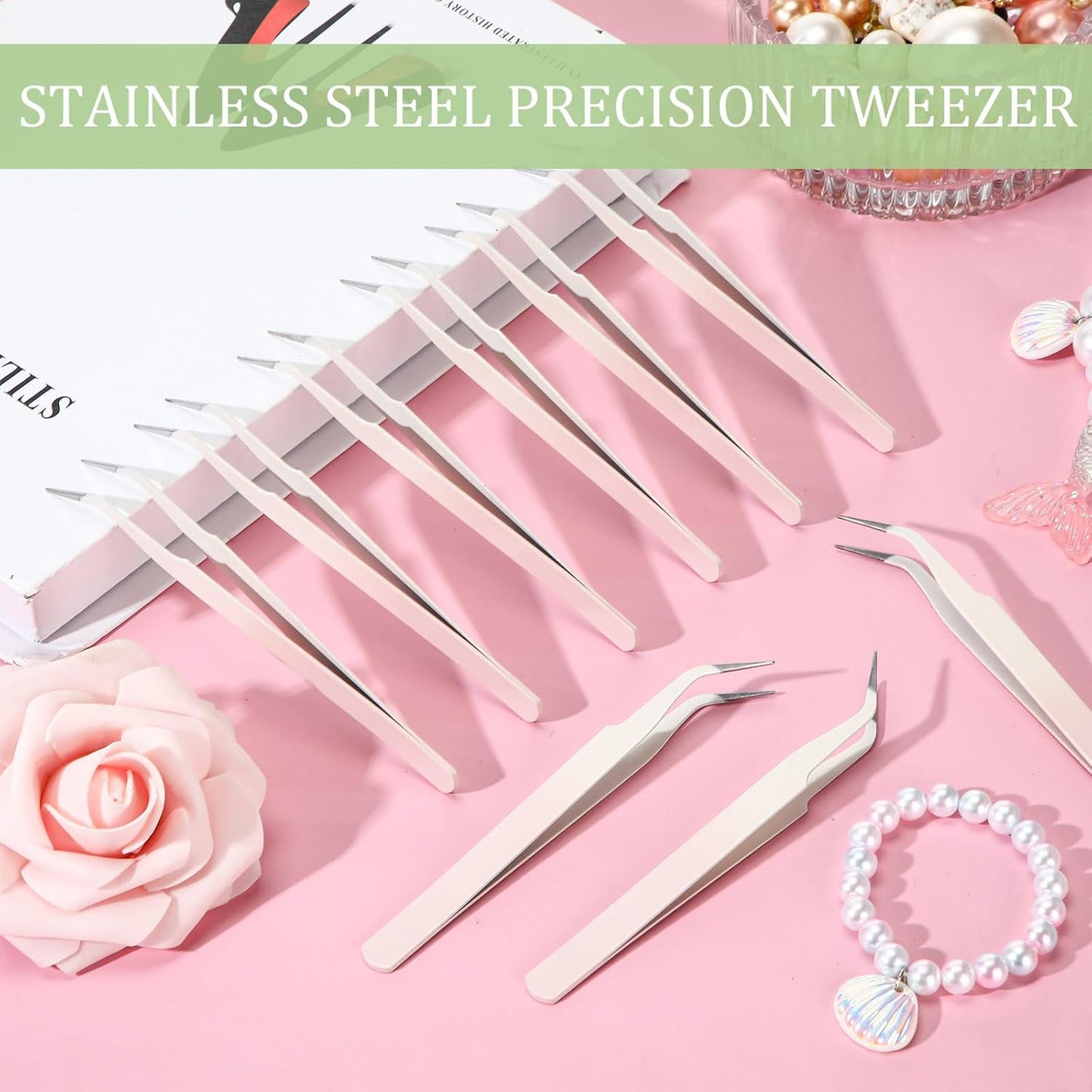 Honoson 9 Pieces Curved Pointed Craft Tweezers Stainless Steel Precision Tweezer with Protective Cover for Rhinestones Dried Flowers Craft Stickers Eyelash Extension Jewelry Making (Gradient Pink)