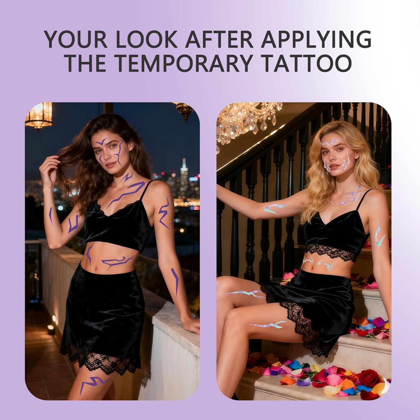 Purple Ombre Temporary Patterns Tattoo – Halloween Water Transfer Realistic Waterproof Body Art for Cosplay, Halloween, and Party Makeup (4 PCS)