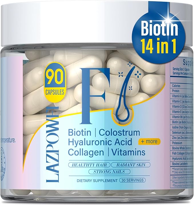 Hair Skin and Nails Vitamins, Biotin with Bovine Colostrum, Collagen & Vitamin A, B6, C, D, E, Supports Healthy Hair, Nails & Skin for Men and Women-076