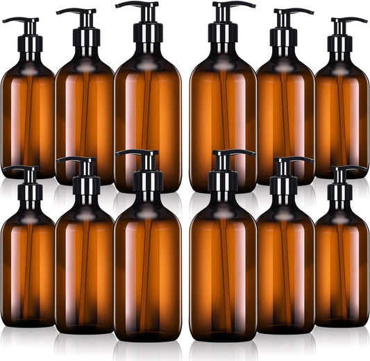 Tessco for you 12 Pack Amber Soap Dispenser Empty Plastic Pump Bottles Dispenser Refillable Shampoo for Hand Sanitizer Soap Cosmetic Lotion Body Wash Conditioner Bathroom Kitchen Travel (16.9 Oz)