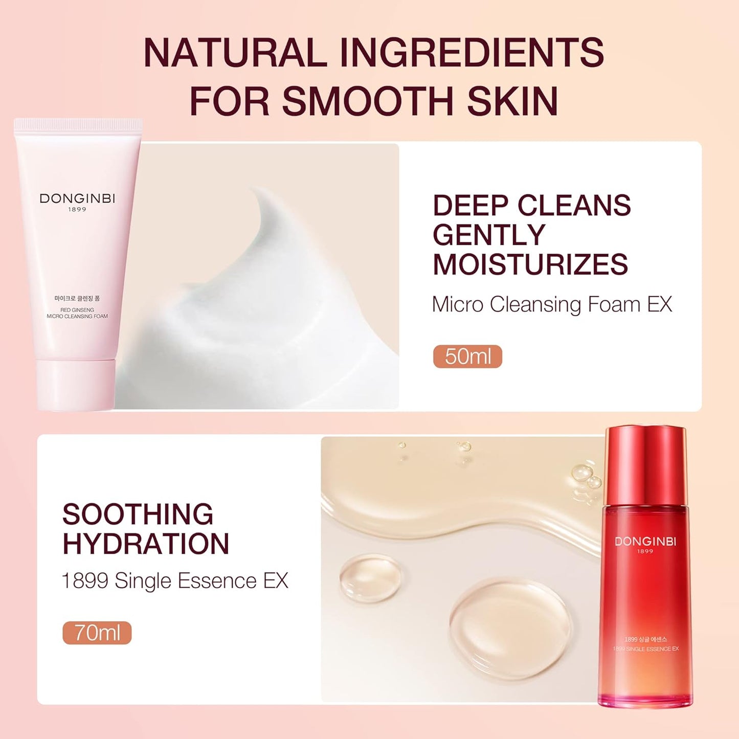 Donginbi Red Ginseng Essential Skin Care Set - Firming Moisturizer(1.69 floz), Hydrating Toner(2.37 floz), Korean Red Ginseng Essence(2.37 floz), Pore Cleaner(1.69 floz), Korean Skin Care