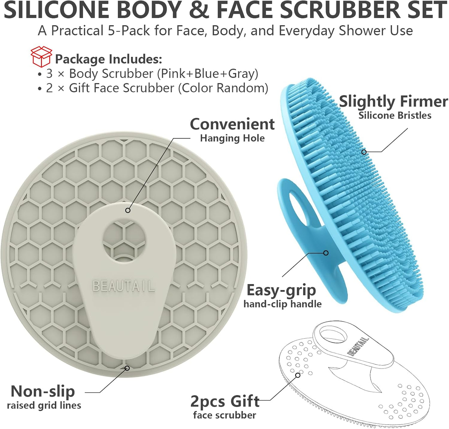 Silicone Body and Face Scrubber Set 5 Pack, BEAUTAIL Shower Bath Scrubber, Gentle Exfoliating Brush for Women Men Sensitive Skin, More Hygienic Than Traditional Loofah, Long Lasting, Pink+Blue+Gray