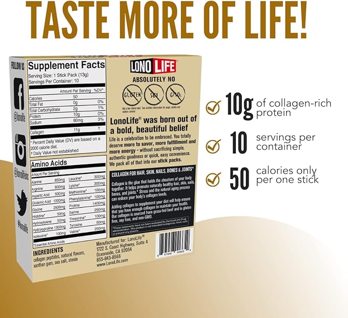 LonoLife - Vanilla Flavored Collagen Peptides with 10g Protein, Paleo and Keto Friendly, Portable Individual Packets, 10 Servings, 10 Count - Packaging May Vary