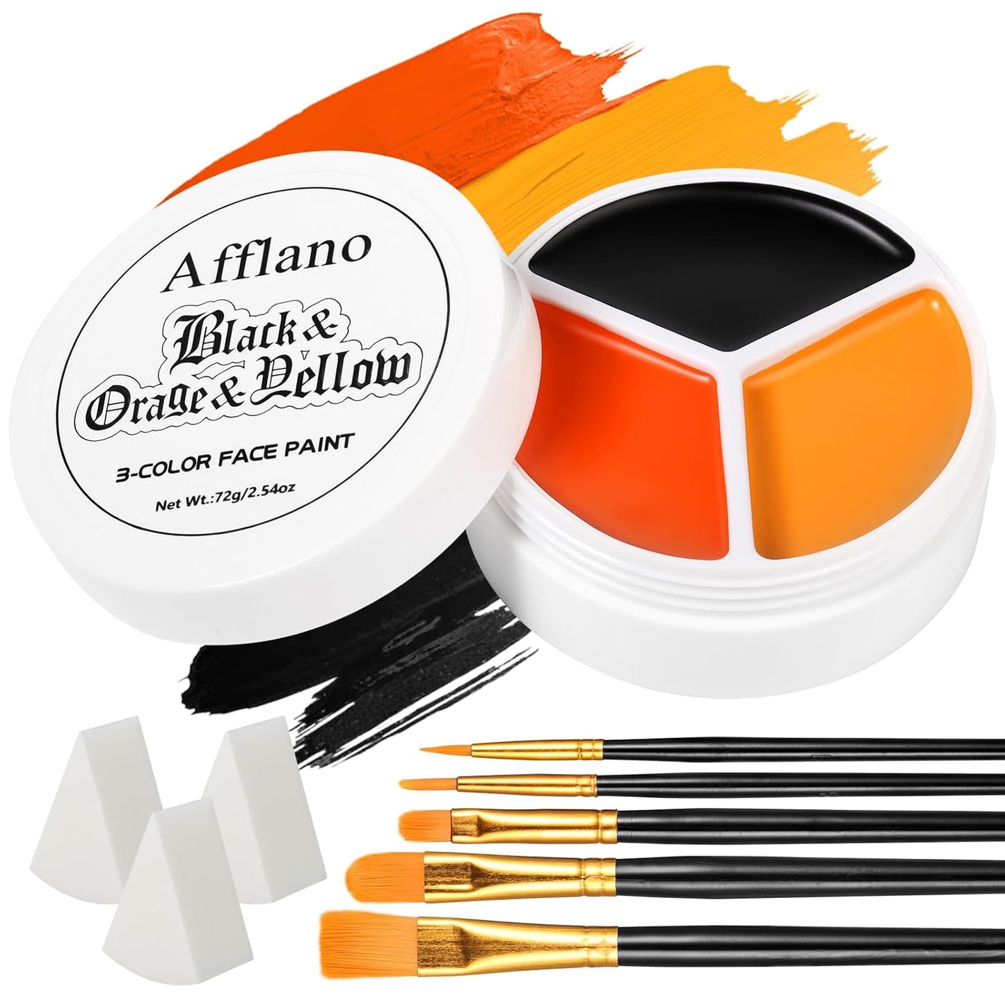 Black Orange Yellow Face Body Paint, Halloween Scarecrow Makeup Kit (3 Sponges + 5 Brushes), 9 Pcs Oil Based Non Toxic Face Painting Kit for Halloween Pumpkin SFX, Clown, Tiger, Lion, Fox, Costume Cos