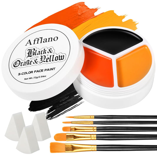 Black Orange Yellow Face Body Paint, Halloween Scarecrow Makeup Kit (3 Sponges + 5 Brushes), 9 Pcs Oil Based Non Toxic Face Painting Kit for Halloween Pumpkin SFX, Clown, Tiger, Lion, Fox, Costume Cos