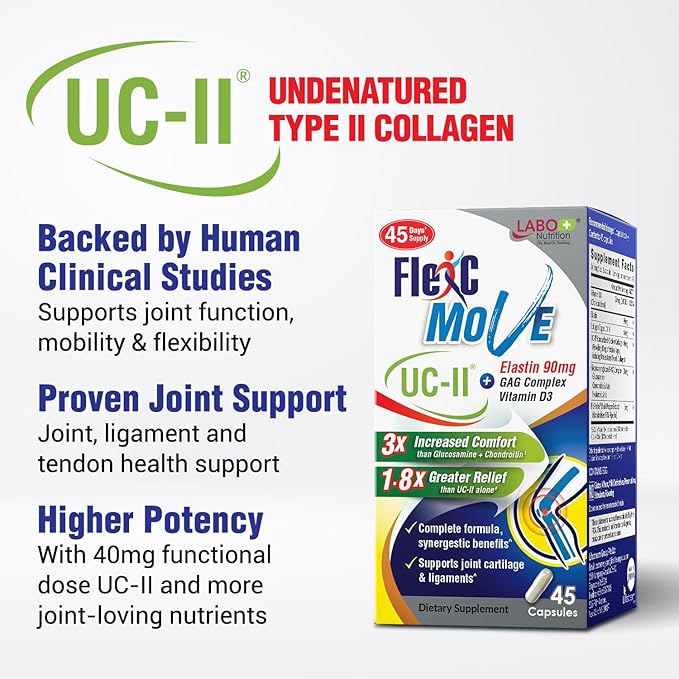 LABO Nutrition FlexC Move, Advanced UC-II Collagen Supplement for Joints Support, Enhanced with Elastin, Collagen Types I, V, X, Glucosamine, Chondroitin, Vitamin D3 - for Targeted Recovery