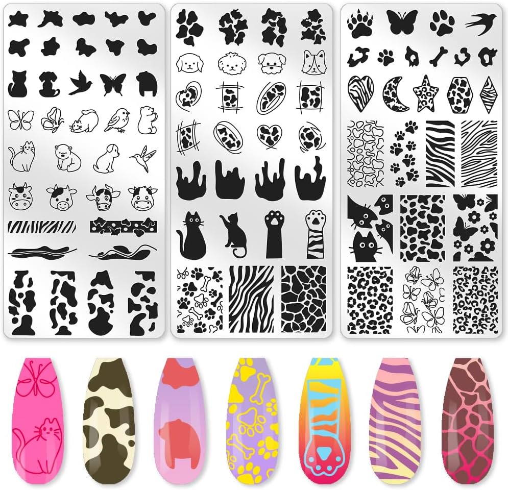 3Pcs Cute Animals Nail Stamping Plate Set Cat Puppy Butterfly Nail Stamp Templates Zebra Cow Texture Metal Reusable Tools with Stamper Scraper for Manicure Printing