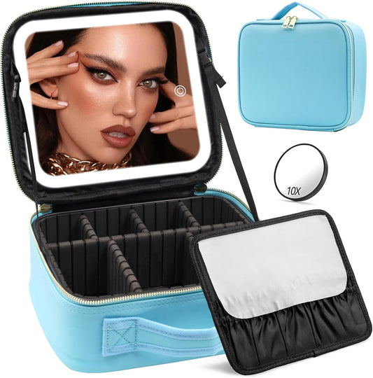 Makeup Organizer Bag with Mirror, Lighted Travel Makeup Bag 3 Colors Modes, Cosmetic Bag Make up Organizer with Mirror and Light, Makeup Train Case Portable Cosmetic Storage Case Gifts(Blue)