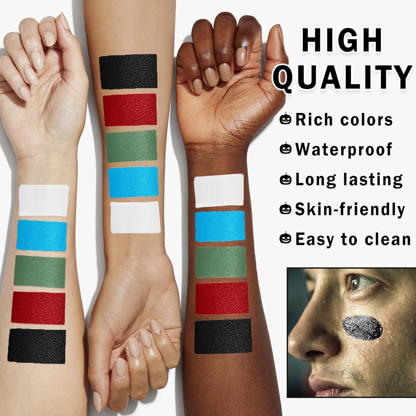 3 Colors Face Body Paint Sticks Professional Eye Black Football Baseball Softball,Highly Pigmented Halloween Facepaint Makeup Kit for Adults and Kids（White/Black/Green Eye Black Sticks）