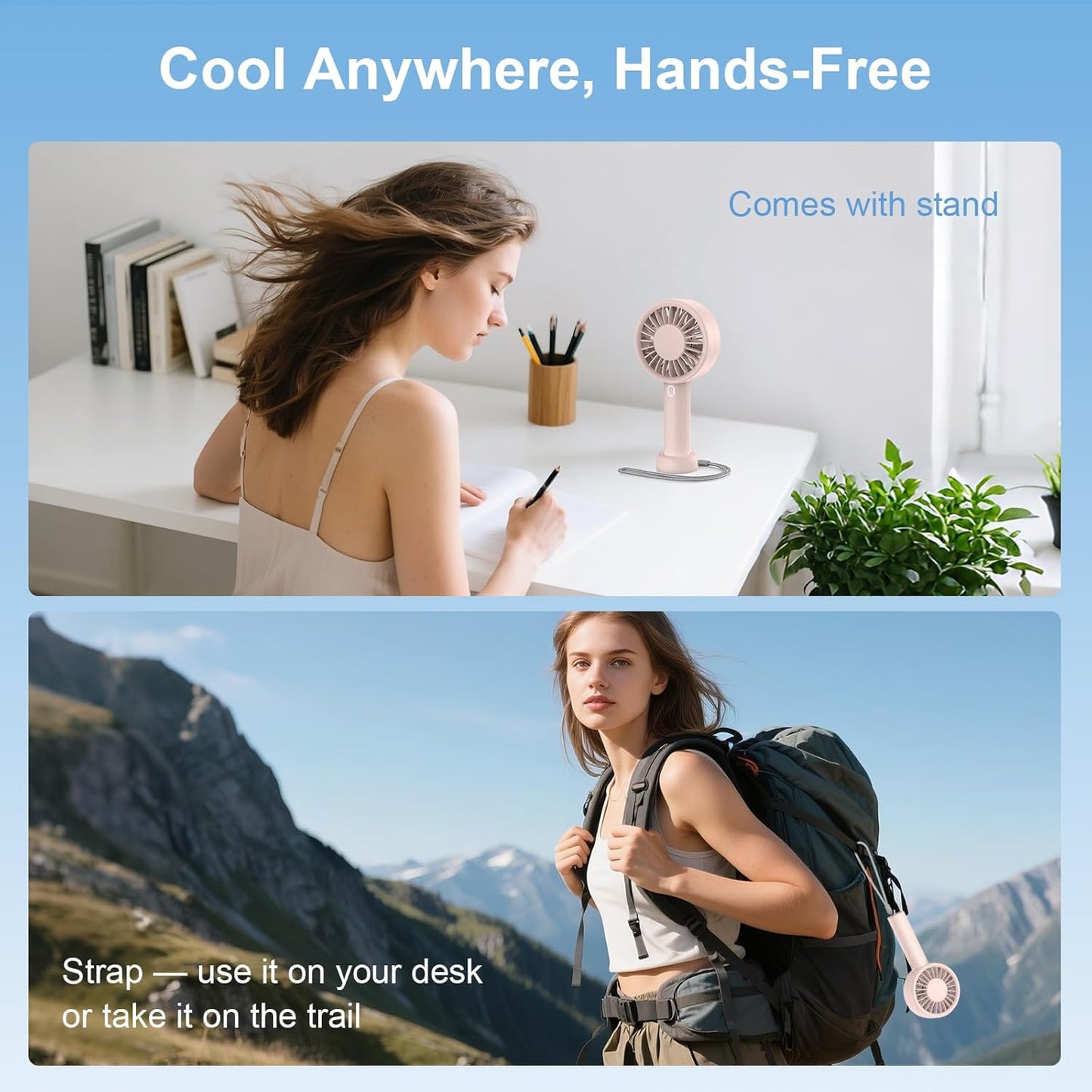 Portable Handheld Fan, USB Personal Fan Rechargeable Battery Operated 10H Working Cooling Time Mini Small Design with Base for Desktop/Travel/Outdoor/Vacation/Concerts/Lash Makeup-Pink