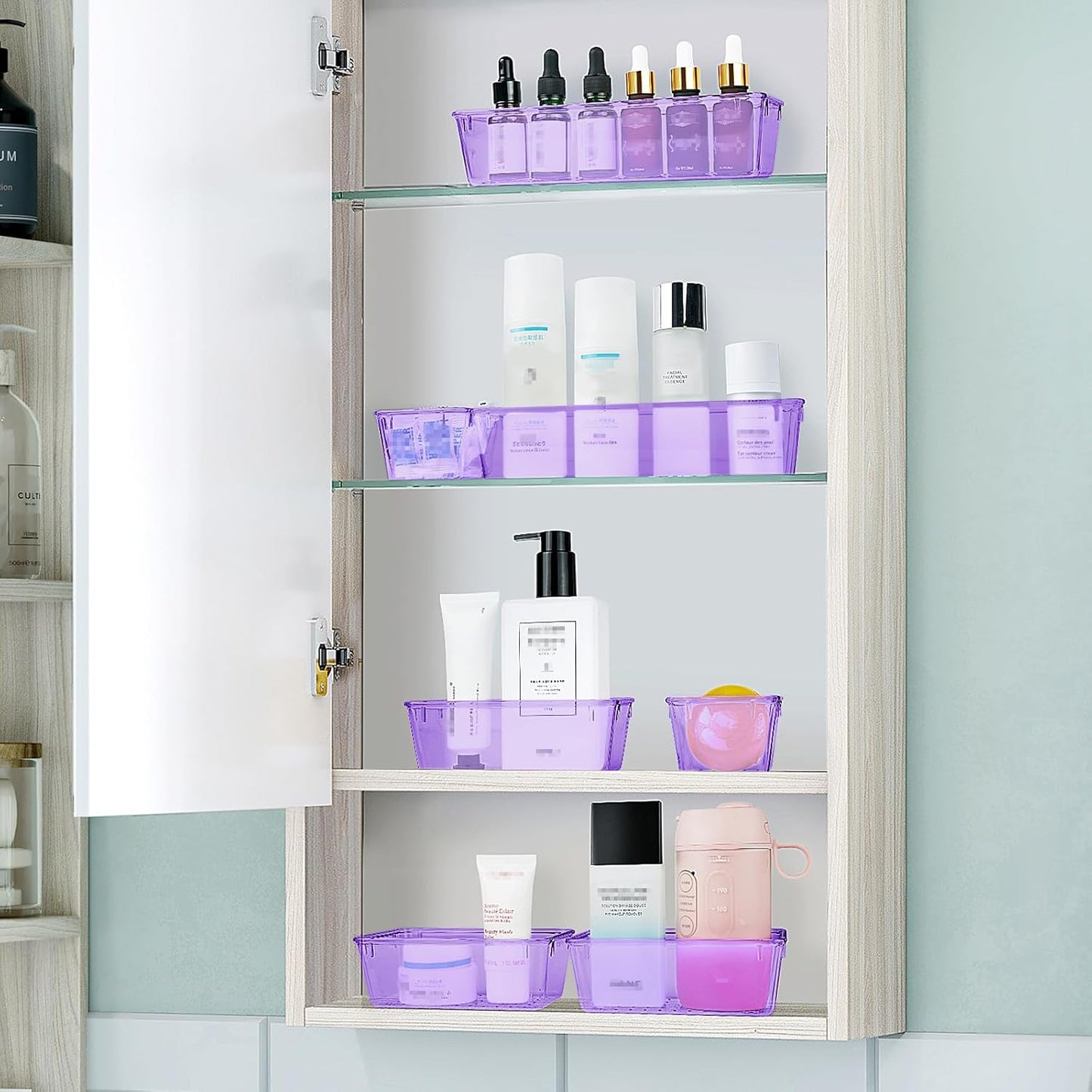 WOWBOX 25 PCS Plastic Drawer Organizer Set, Desk Drawer Divider Organizers and Storage Bins for Makeup, Jewelry, Gadgets for Kitchen, Bedroom, Bathroom, Office, Clear Purple