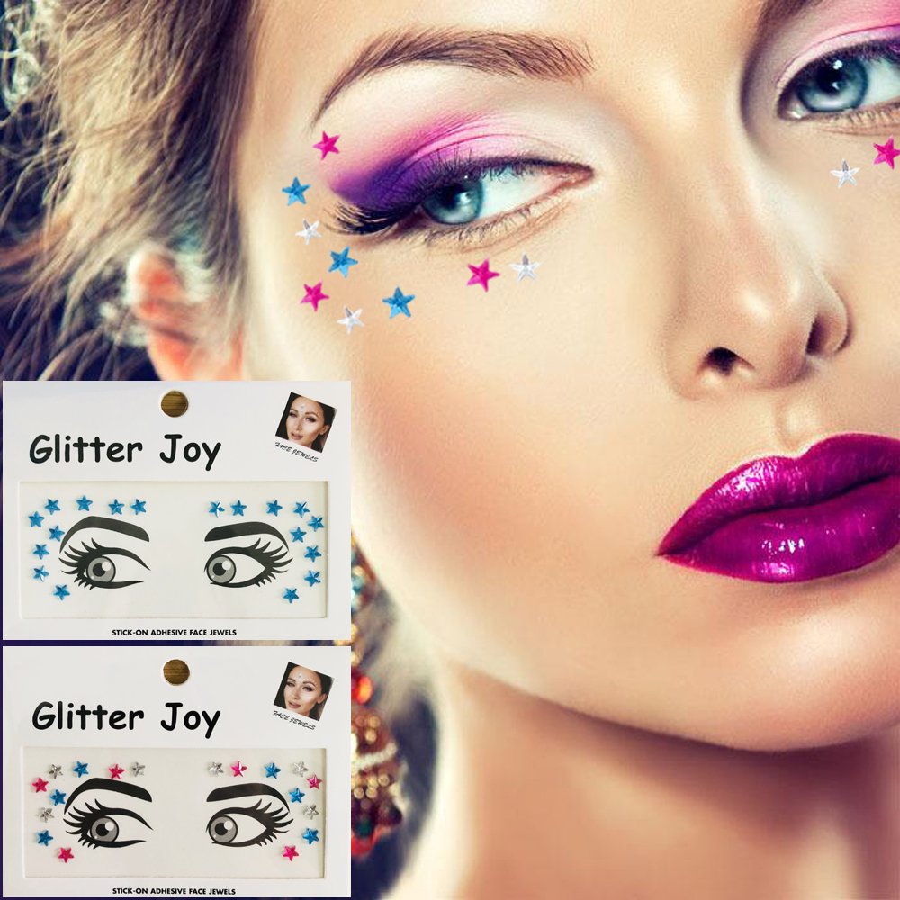 Eye Corners Face Jewels White Red Blue Star 4th of July Face Gems Tattoo Decorations Jewels Body Glitter Crystal Sticker Temporary Face Tattoo for 4th of July Costume Accessories, 2-Pack