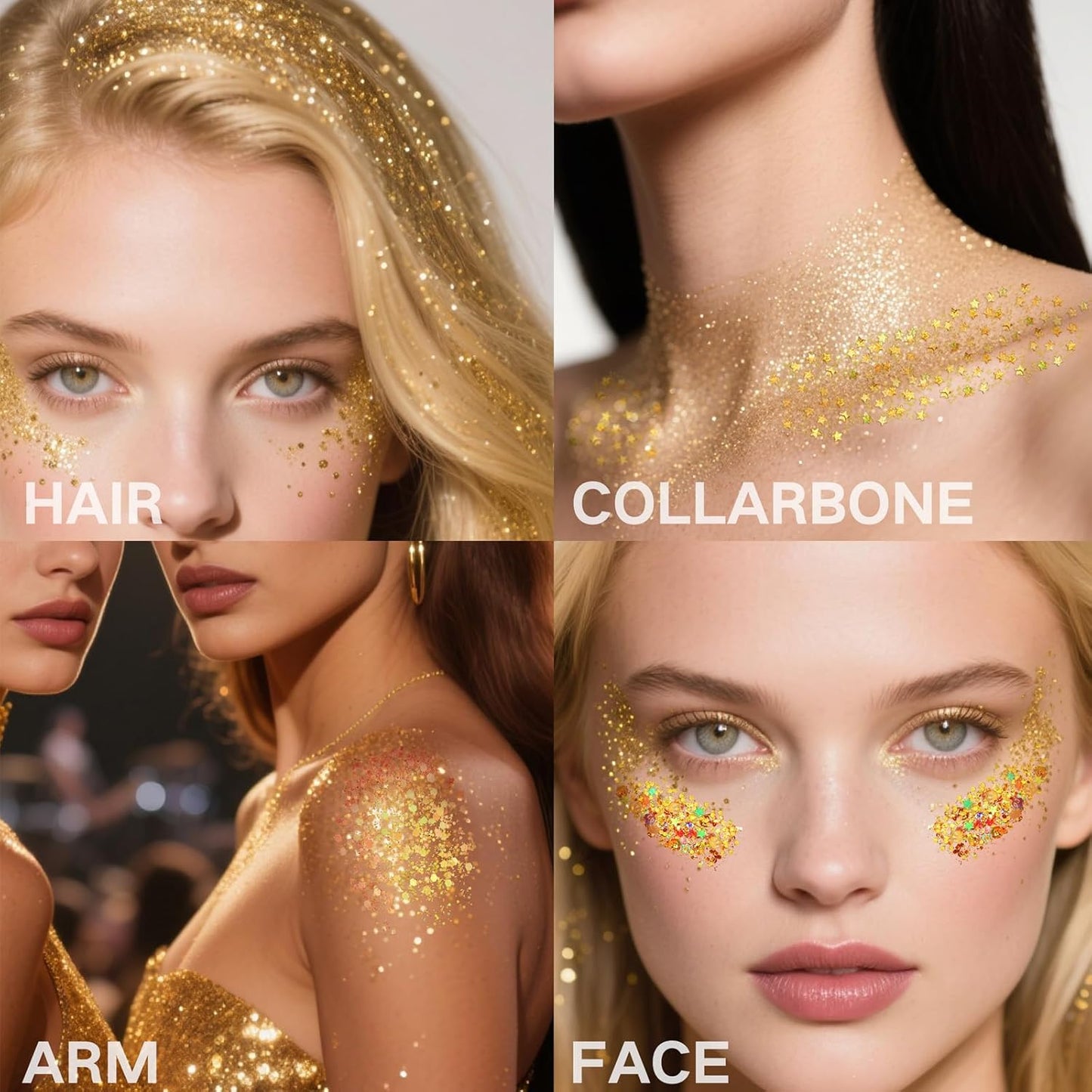 4 Jars Gold Face Glitter,Singer Concert Costume for Women,Sparkle Gold Body Hair Glitter,Rave Music Festival Outfits,Carnival Mardi Gras Makeup Accessories,40g/1.41 oz