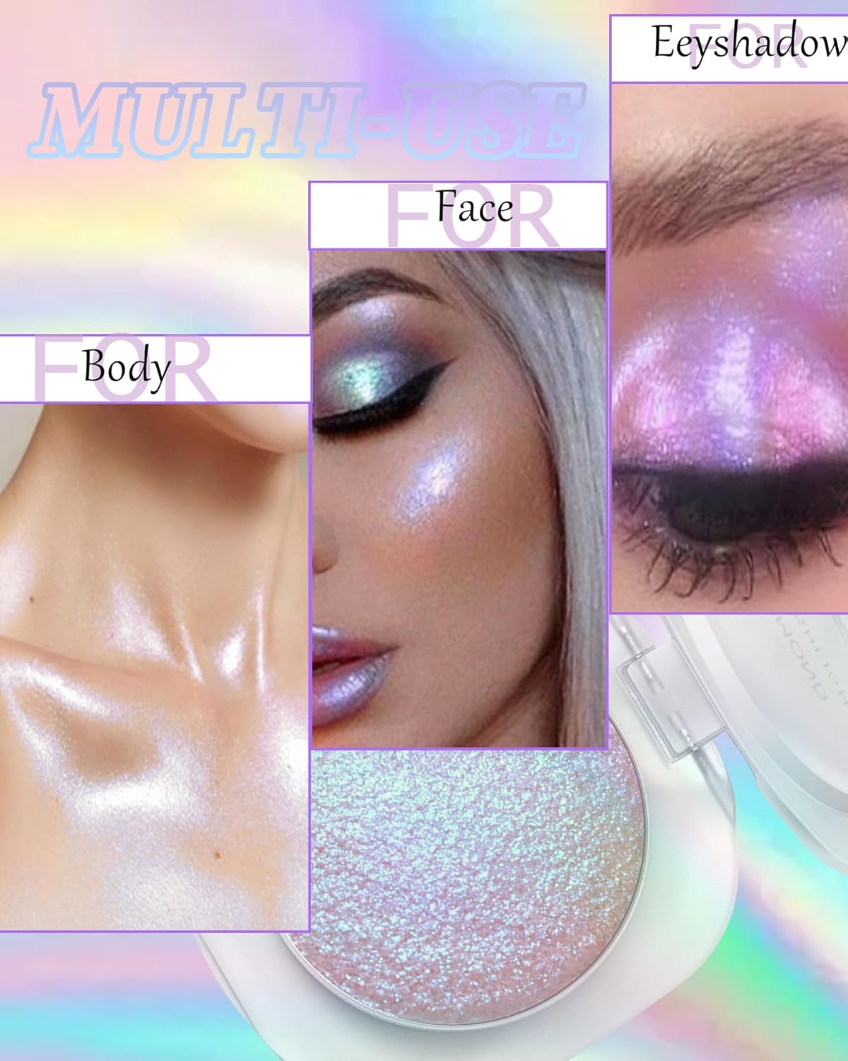 Glitter Holographic Eyeshadow Palette Multichrome Chameleon Face Highlighter, Sparkling Cream Color Shifting Single Eye Shadow Long Lasting Shimmer Inner Corner Eye Brightener Purple Mermaid Makeup-04