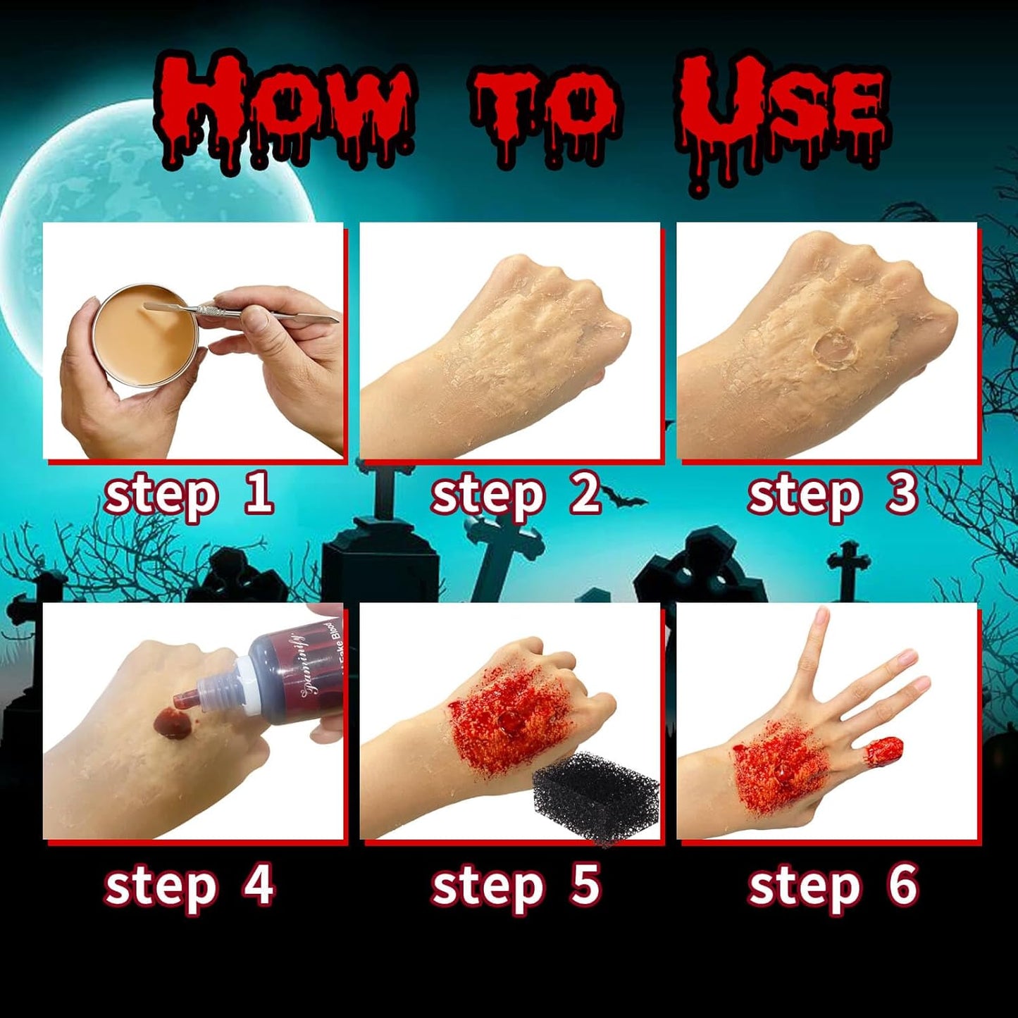 Halloween Special Effects Makeup Kit,6 Colors Bruise Wheel+30ml Dripping Washable Fake Blood+Liquid Latex+Scar Wax with Spatula+3 Pcs Sponge+Stipple Sponge,Face Fake Injury SFX Makeup Kit