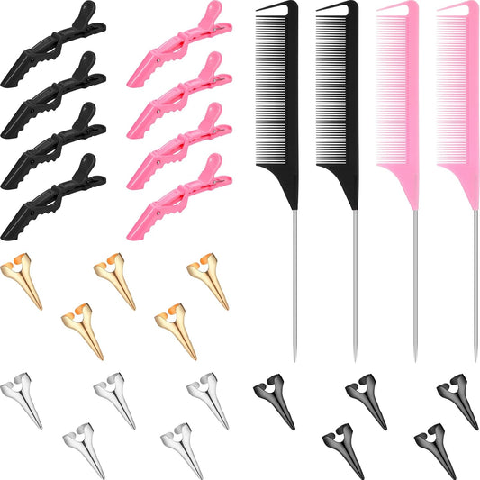 Patelai 27 Pieces Hair Braiding Tools Hair Parting Ring Comb Clips for Stitch Braiding Curling Extension Finger Tool(Pink, Black)