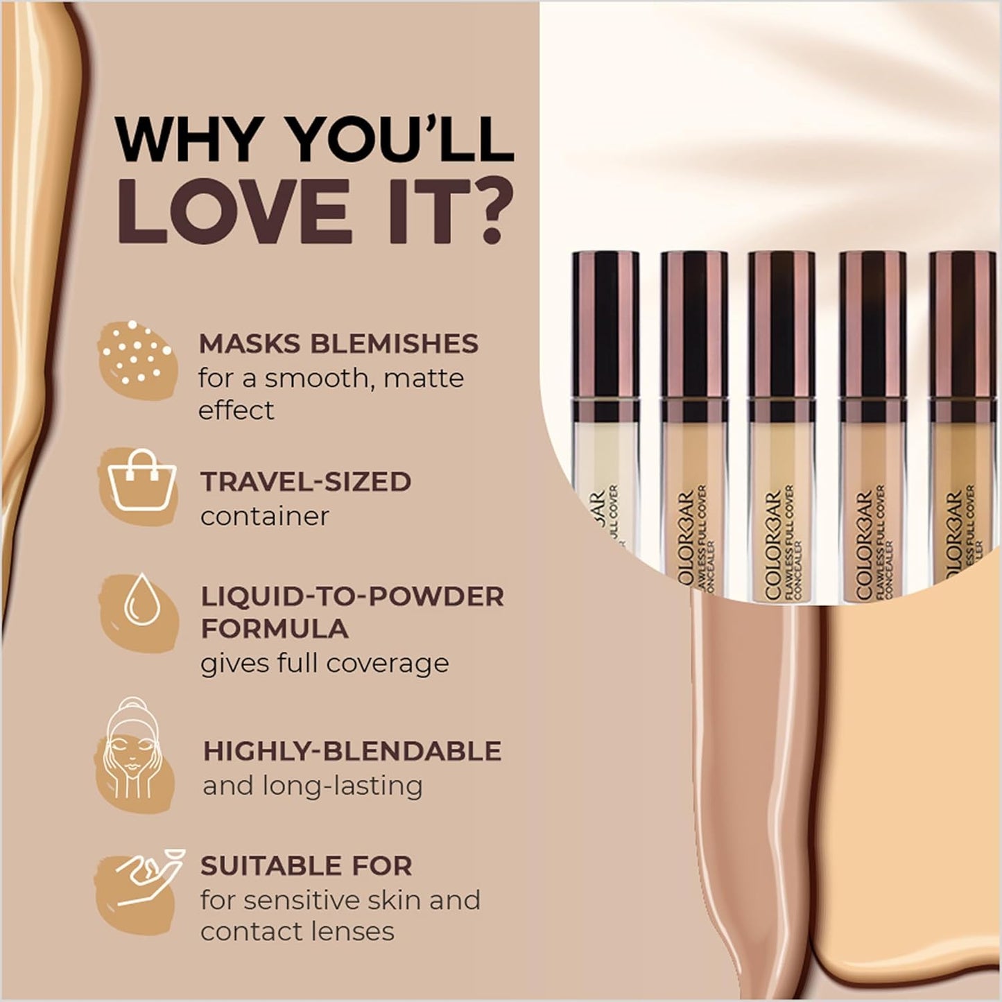 Colorbar Flawless Full Cover Concealer - Face Makeup Concealer with Liquid-to-Powder Formula - Hides Scars and Discoloration - 004 Silk - 0.2 oz