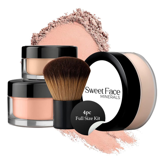 4pc Full Size Kit (Light Tan) Mineral Makeup Matte Translucent Loose Foundation + Kabuki Brush + Concealer + Finishing Setting Powder + Bare Face Full Coverage SPF 30 All Skin Types Waterproof