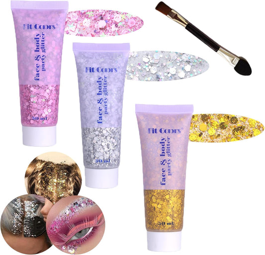 Body Glitter Face Glitter Gel: Singer Concerts Disco Festival Rave Accessories Face Glitter Makeup 150ml Chunky Sequins Mermaid Face Body Hair Glitter Gel (Silver&Pink&Gold)