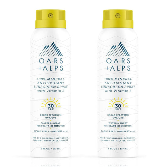 Oars + Alps Sunscreen Spray for Face & Body, SPF 30 Spray Sunscreen Infused with Vitamin E & Antioxidants, Water & Sweat Resistant, All Skin Types, Lightweight, Hydrating, 6oz, 2pk