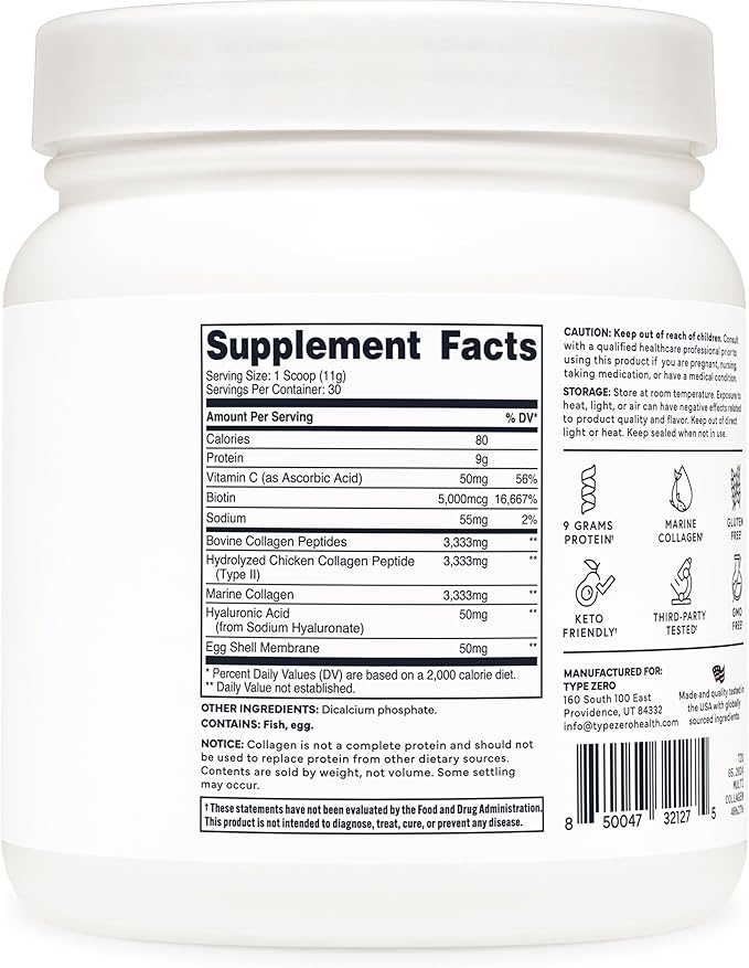Type Zero Multi Collagen Powder 30 Servings (Unflavored) - Types I, II, III, V, & X Collagen Peptides + Hyaluronic Acid, VIT C, Biotin
