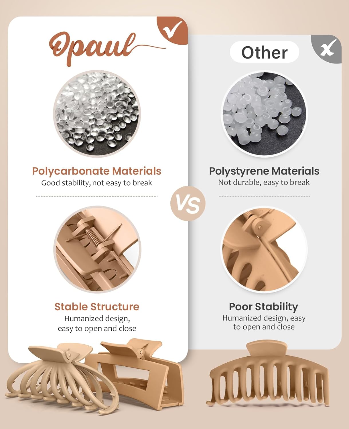 OPAUL Large Matte Square Nonslip Hair Claw Clips, 4.75" Strong Hold Big Neutral Hair Accessories for Long Hair for Women and Girls (8 Pack)