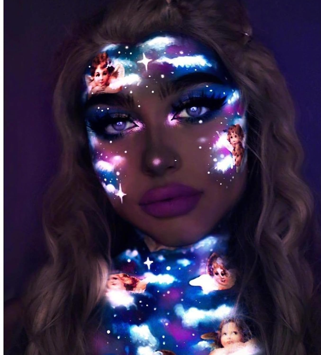 Go Ho UV Blacklight Neon White Face Body Paint,Water Based Bright Color Neon Fluorescent Body Paint with Cushion Applicator,Glow In The Dark Under UV Lighting Party Halloween Makeup Washable