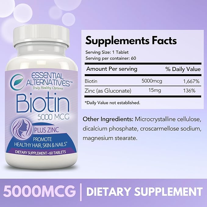 Biotin 5000mcg + Zinc 60 Tablets, Hair, Skin, and Nail Support