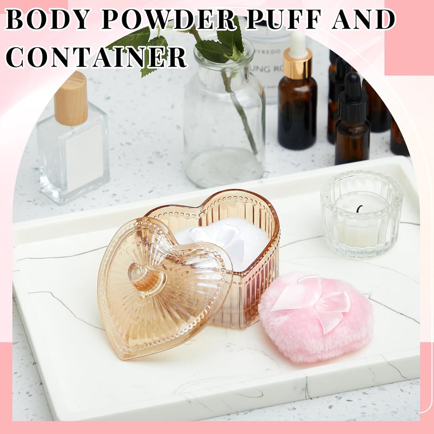 Tioncy 3 Pcs Large Body Powder Puff and Container Powder Container with Puff Crystal Case Soft Washable Reusable Velour Face Body Glitter Wet Dry Makeup(Heart,Amber)