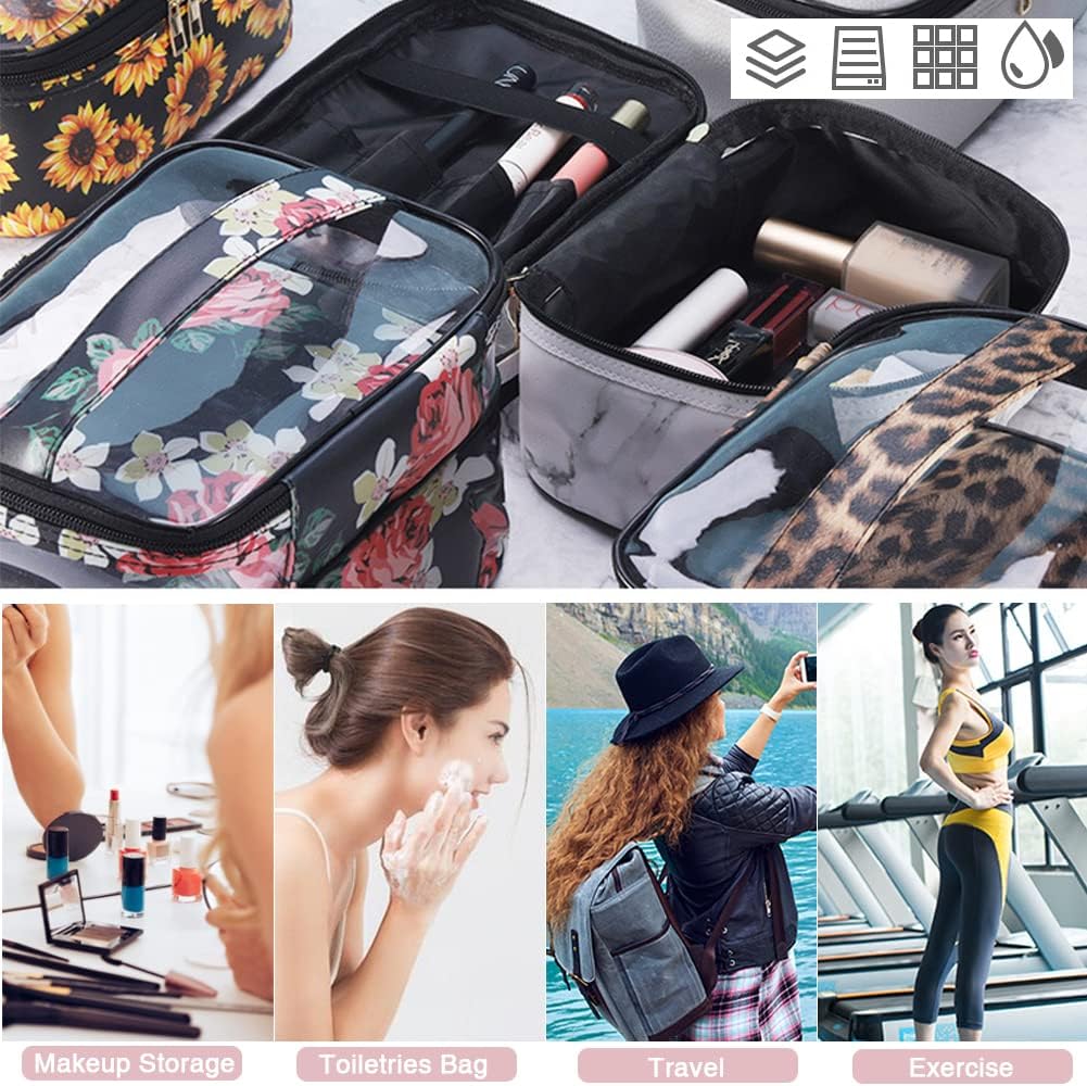 FITINI Makeup Bags Double Layer Travel Storage Cosmetic Cases Make up Organizer Toiletry Bags Water-resistant for Women Makeup Brush Bag,Black Peony