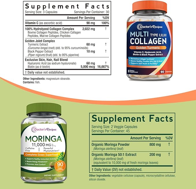 Doctor's Recipes Moringa 11,000 mg Strength 90 Caps and Multi Collagen Peptides 90Caps