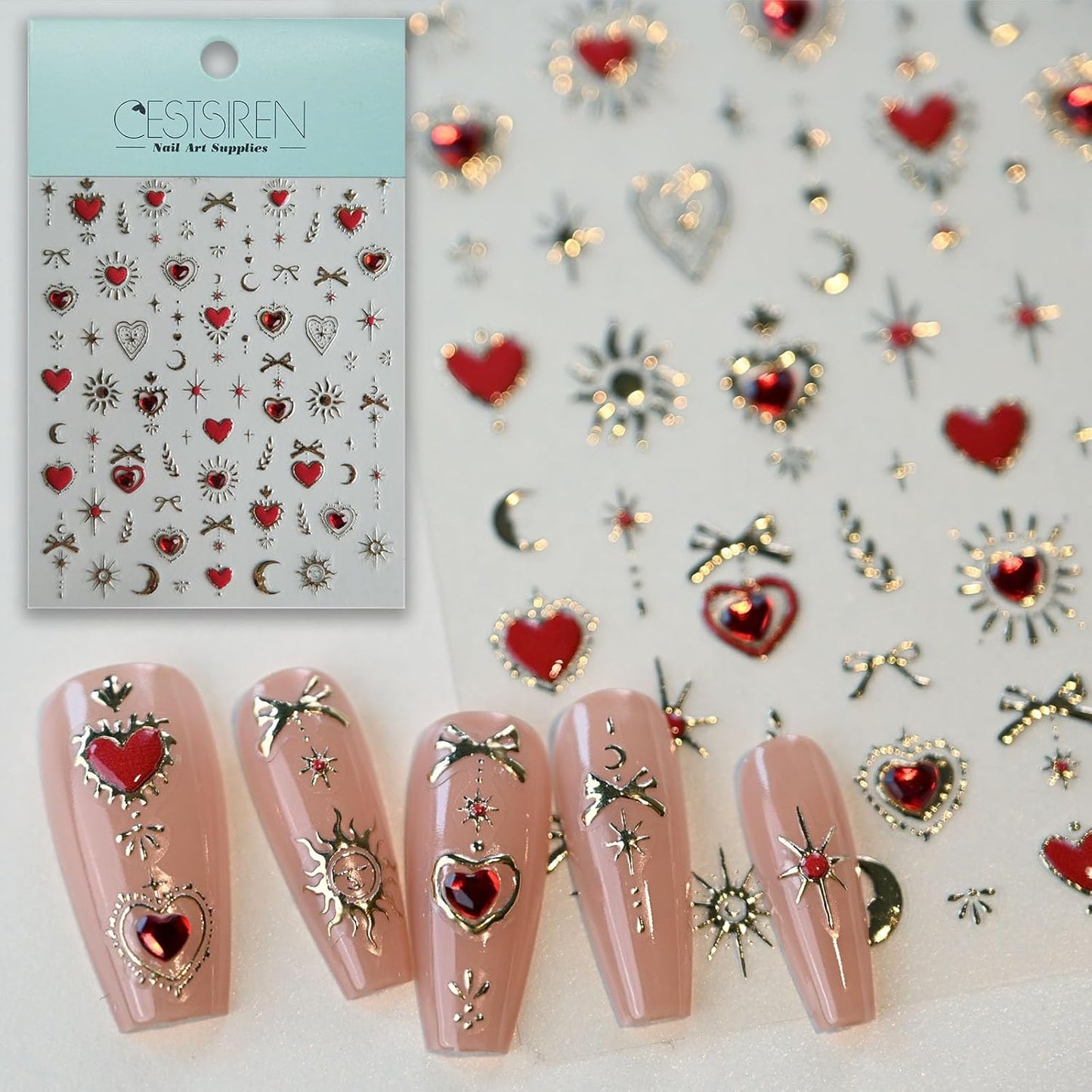 Gold Totem Red Heart Nail Art Stickers, Embossed Moon Star Decals, Self-Adhesive Accessories for Women, Aesthetic Supplies for Nail Design