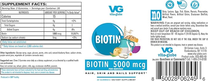 VitaGlobe Biotin 5000mcg Gummy - Mixed Berry Gummy for Hair, Skin & Nails, 80 Count (Pack of 2)