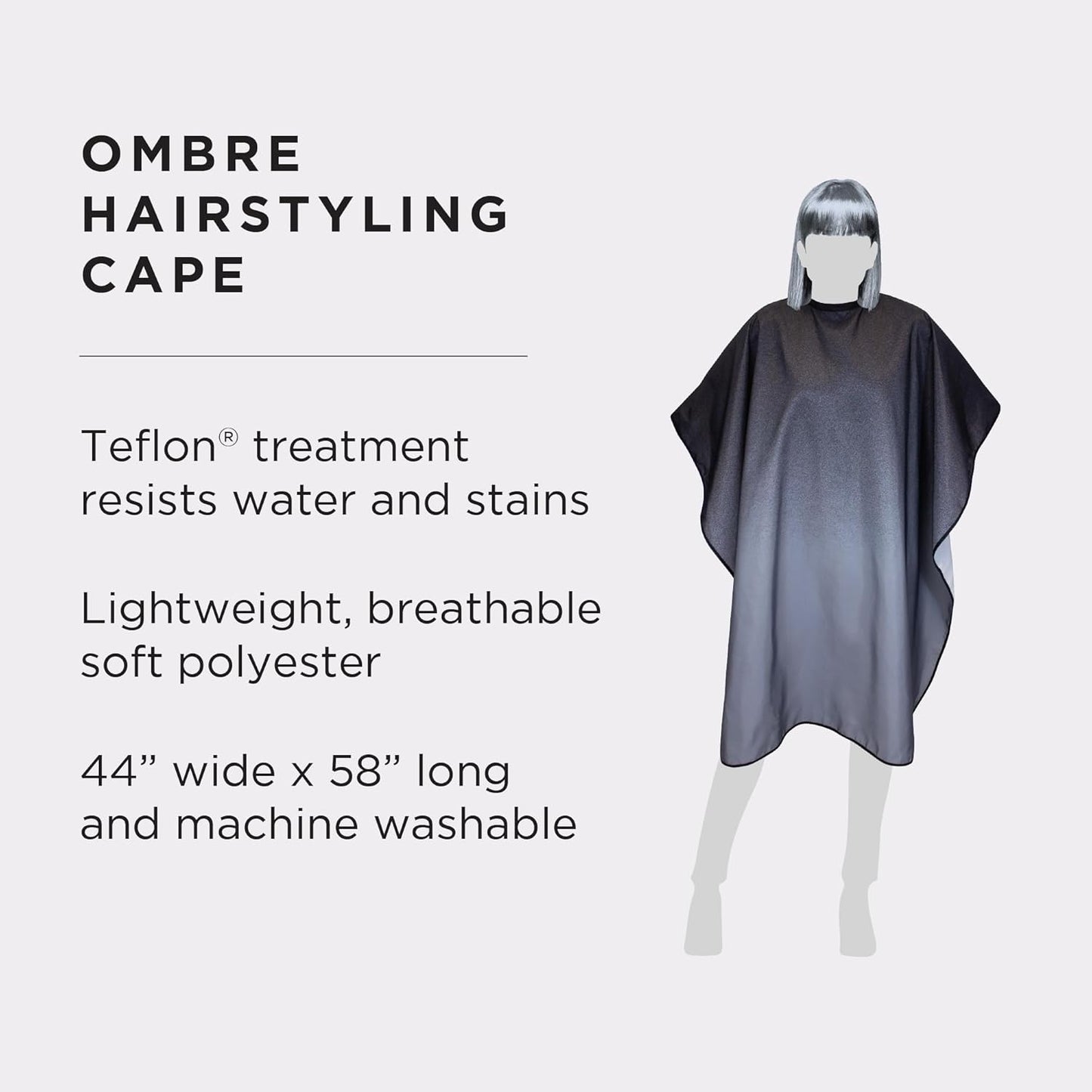 Fromm Professional Client Hair Styling and Hair Cutting Cape, Water and Stain Repellent Teflon Coating for Shampoo Bowl and Wet/Dry Cutting, 44" x 58", Black/Grey Ombre