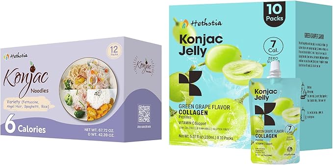 Konjac Jelly Green Grape Flavor with Collagen Peptides 10 Packs and Konjac Noodles Variety Gluten Free 12 Packs Low Calorie, Keto, Sugar Free, Healthy Food