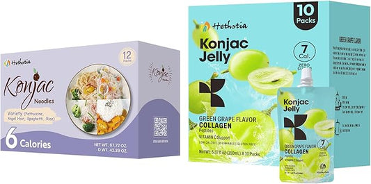 Konjac Jelly Green Grape Flavor with Collagen Peptides 10 Packs and Konjac Noodles Variety Gluten Free 12 Packs Low Calorie, Keto, Sugar Free, Healthy Food