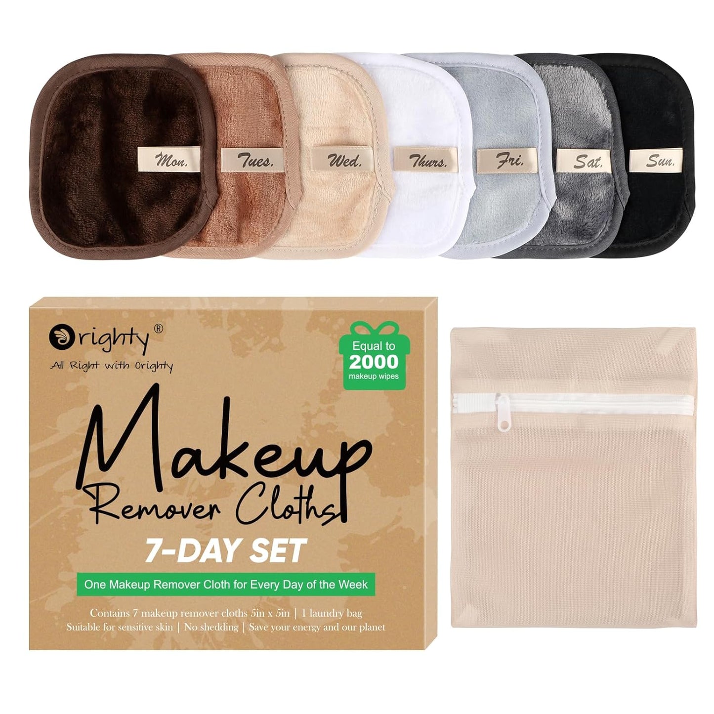 Orighty Makeup Remover Cloths 7-Day Set, Premium & Reusable Makeup Remover Pads, Erase Make-up With Just Water, Make-up Set For Eyes, Lips, Foundation and more, Ideal Choice For Women (Neutrals)