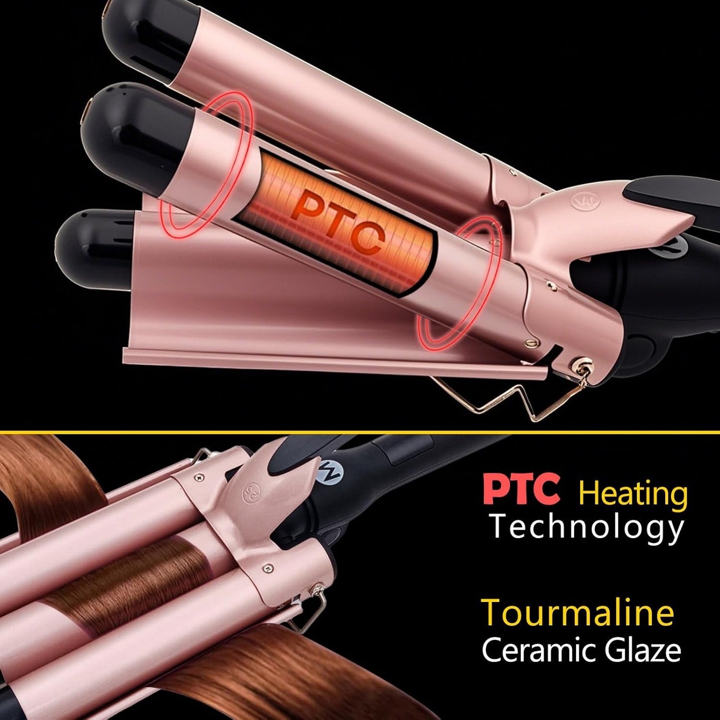 3 Barrel Curling Iron, 1 Inch Ceramic Tourmaline Hair Waver Wand with LCD Temperature Display, Fast Heating Foldable Crimpers for Travel Glove Included (Gold)