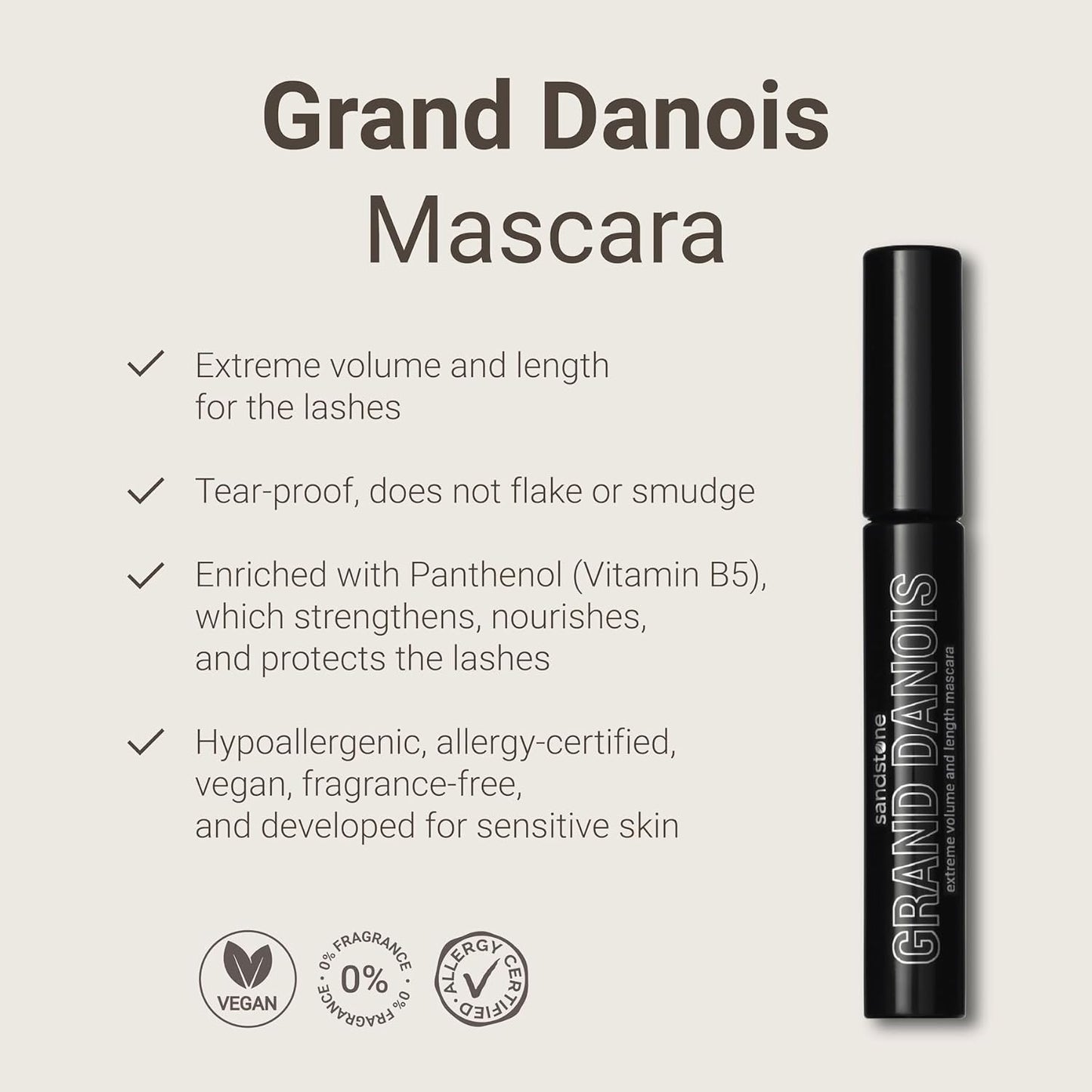 Sandstone Scandinavia Hypoallergenic Mascara Sensitive Eyes - Smudge-Proof, Sweatproof, Lengthening - Maximum Volume and Length - Vegan and Non Toxic